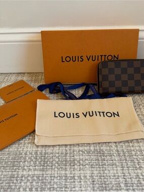 Louis Vuitton Brown Damier Ebene Wallet with Red Pull Tab